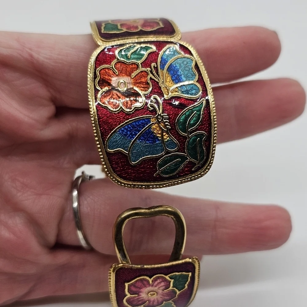 Vintage Cloisonne Enamel Butterfly & Floral Clamper Cuff Bracelet